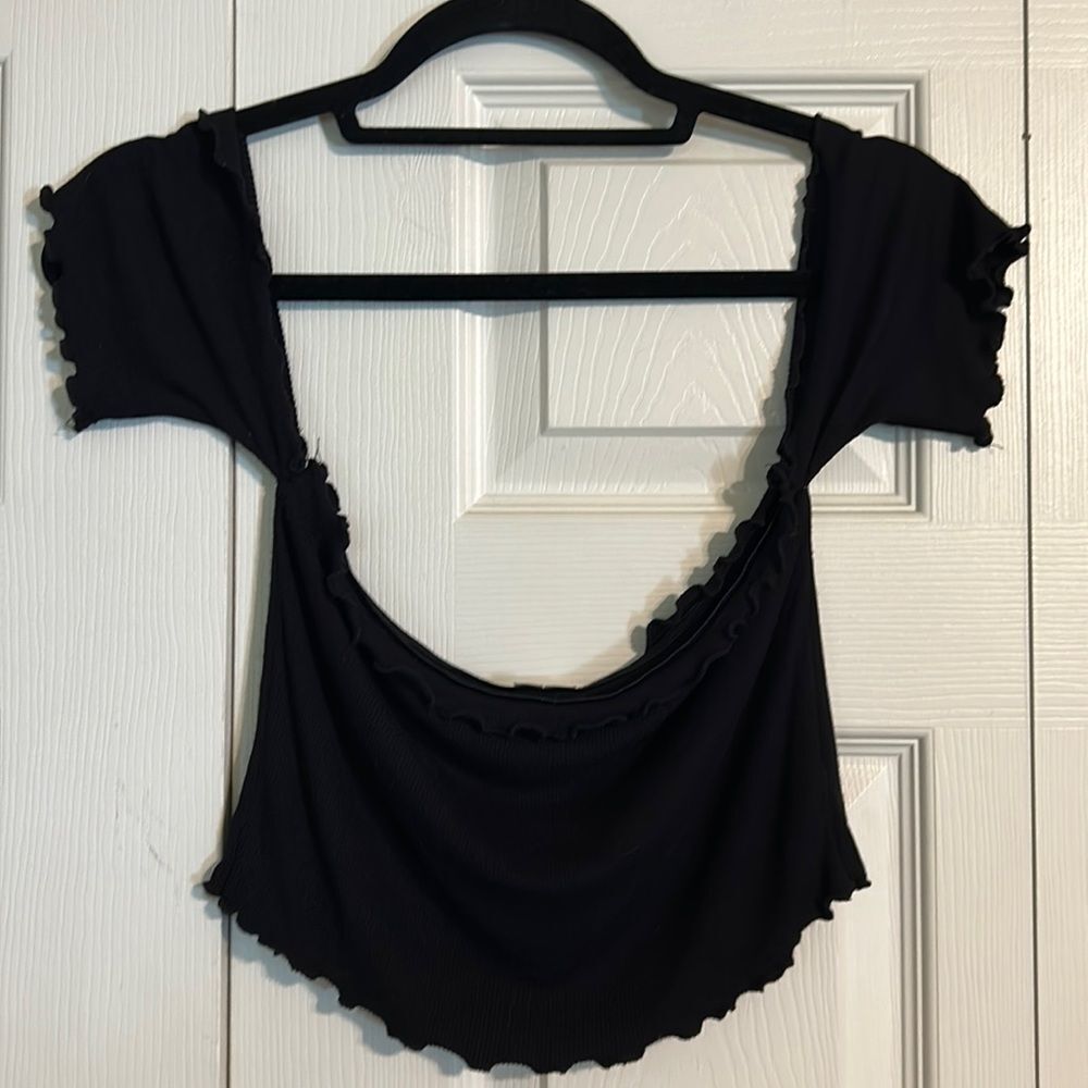 ASOS US Size 6 Black Sleeveless Crop Top Ribbed Ruffle Cold Shoulder Ruffle - Picture 1 of 6